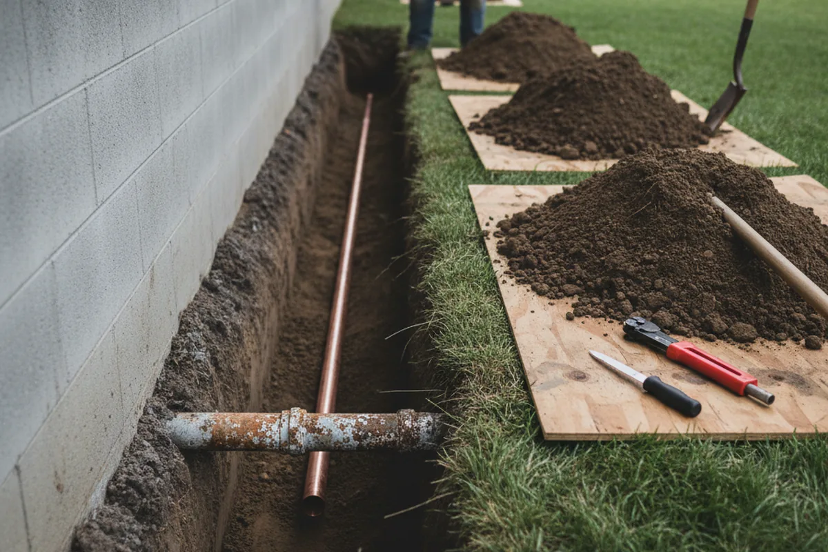 Excavated water line trench during Sewer Line Repair in Pawtucket
